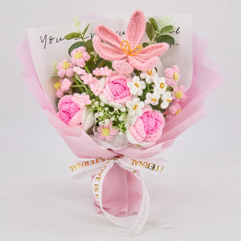YSHomy Pink Crochet Tulip Rose Bouquet