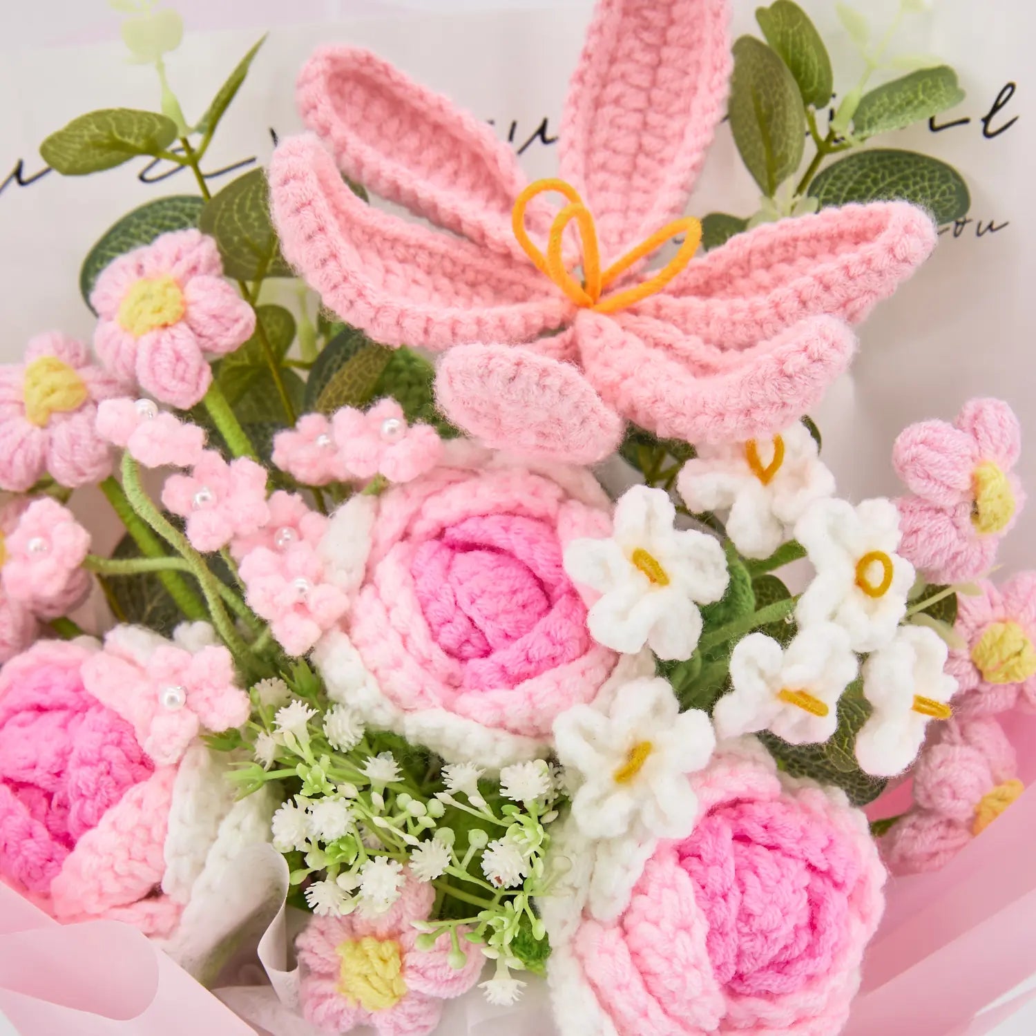 YSHomy Pink Crochet Tulip Rose Bouquet