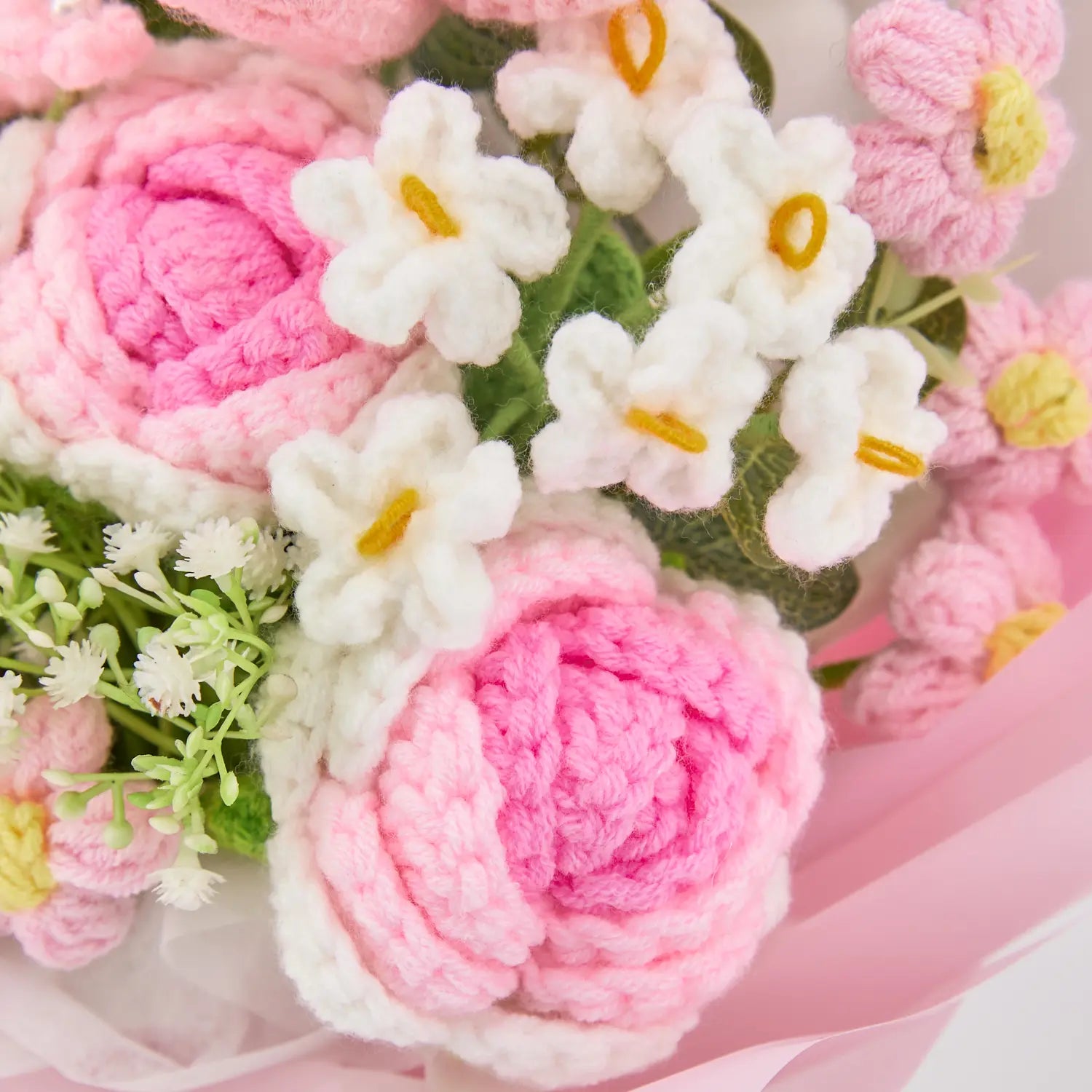 YSHomy Pink Crochet Tulip Rose Bouquet