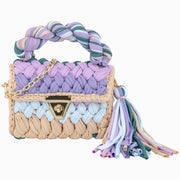 Purple and blue crochet handbag with a twist handle