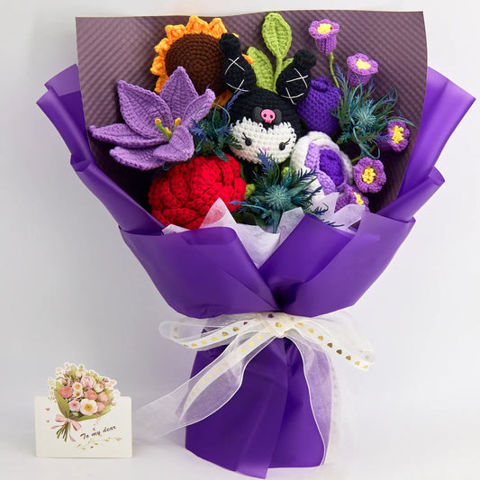Purple crochet bouquet with a character doll centrepiece, roses, lilies and tulips