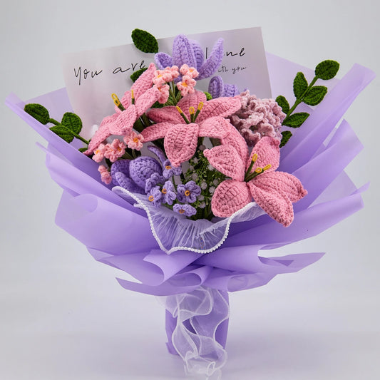 Thirteen-piece crochet bouquet with three pink lilies, tulips and hydrangeas