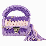 Purple and pink two-tone crochet crossbody bag with handle and tassel
