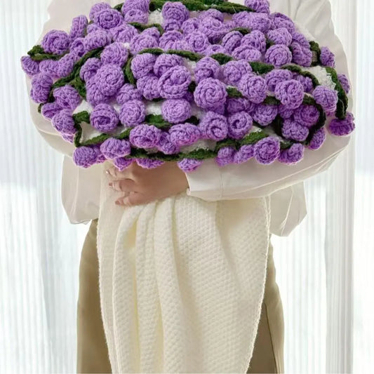 Crochet flower blanket worked in purple roses