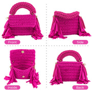 YSHomy Crochet Handbag with Tassels on Two Sides-Rose Red