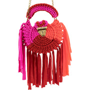 Round red crochet handbag with bottom tassels