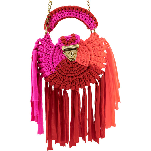 Round red crochet handbag with bottom tassels