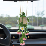 Crochet hanging pot with four branches of three-layer roses and daisies