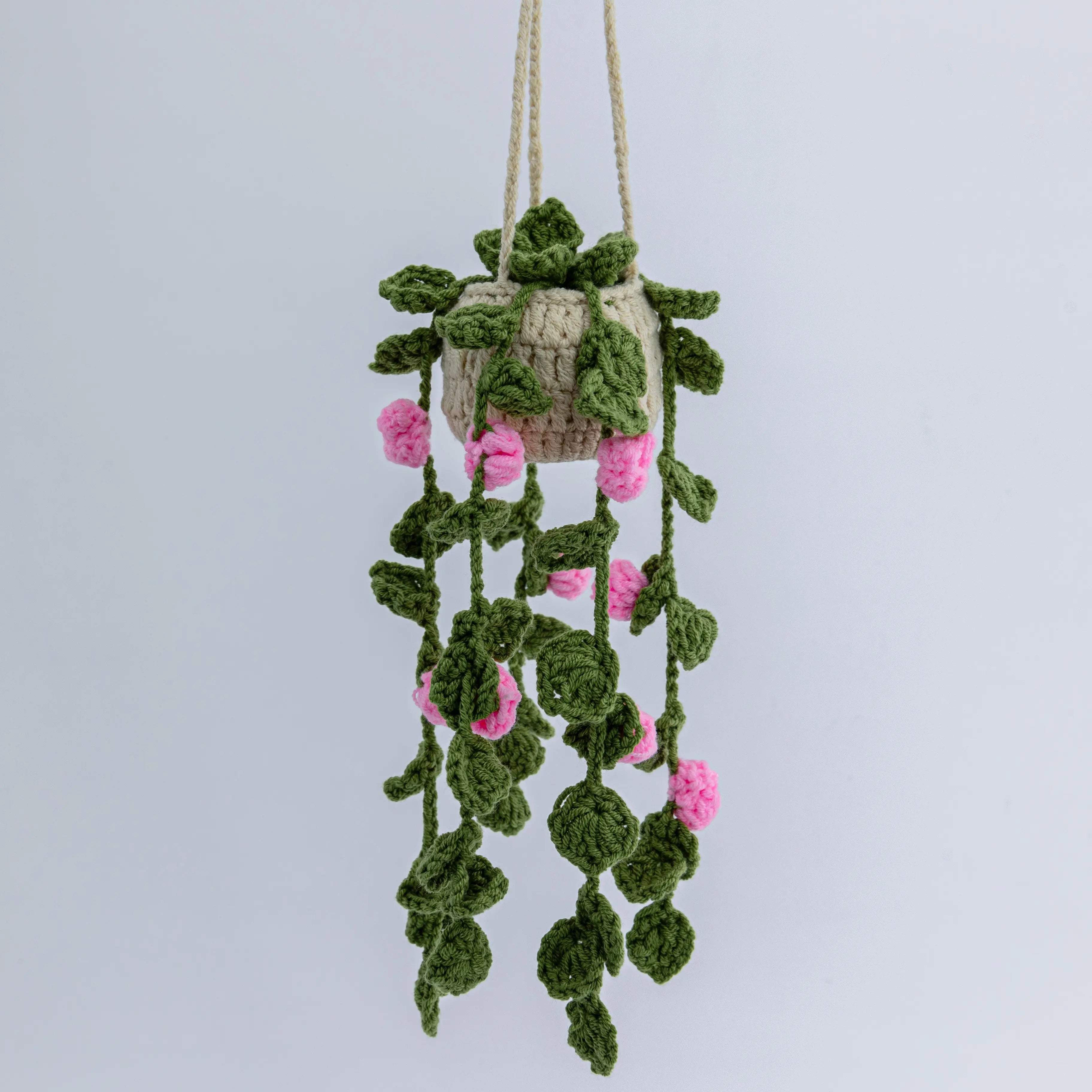 crochet hanging plant with flowers YSHomy Long Crochet Car Hanging with Small Pink Flowers