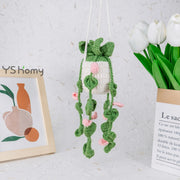 YSHomy Crochet Car Hanging with Pink Flowers & White Pot
