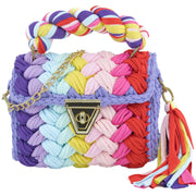 Red and pink crochet handbag with a twist handle