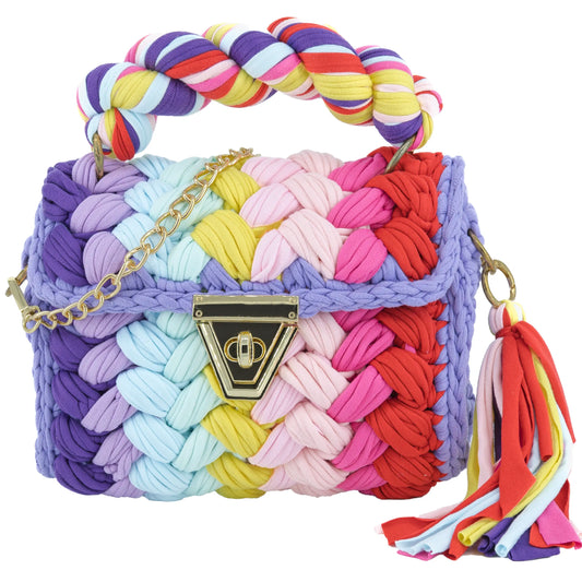 Red and pink crochet handbag with a twist handle