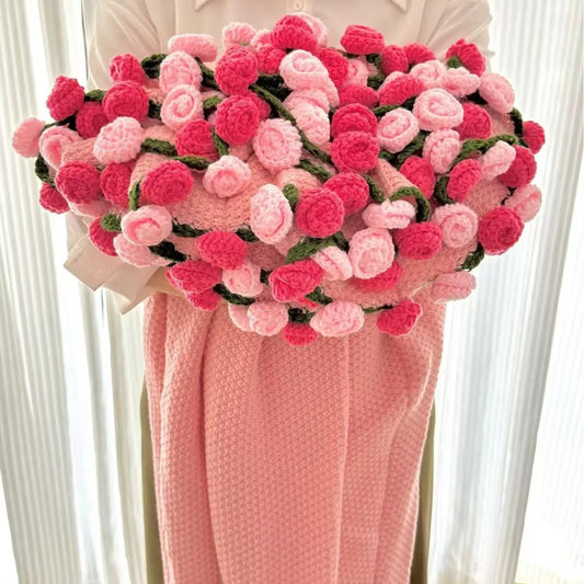 Pink crochet flower blanket with pink ombre roses