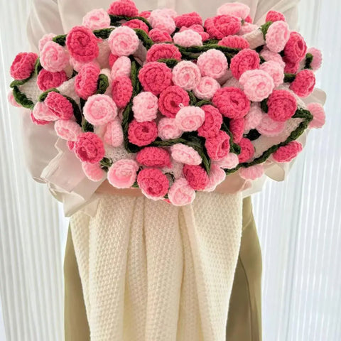 YSHomy White Crochet Flower Blanket-Pink Ombre Roses