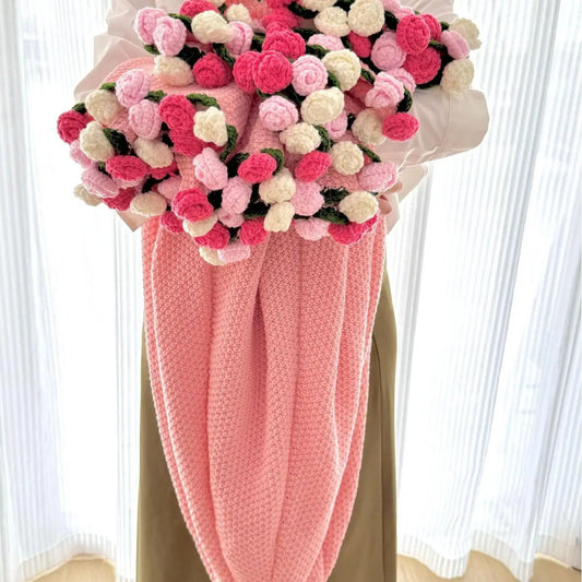 Pink crochet flower blanket with white to pink ombre roses