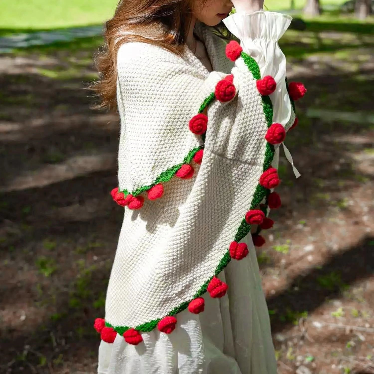 YSHomy Cashmere Crochet Flower Bouquet Blanket-Red Roses