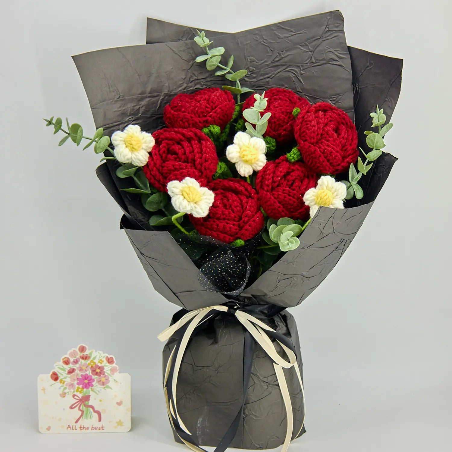 YSHomy Crochet Red Rose Bouquet in Black Wrapping