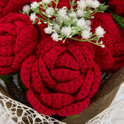 YSHomy Crochet Red Rose Bouquet with Dark Linen Wrapping