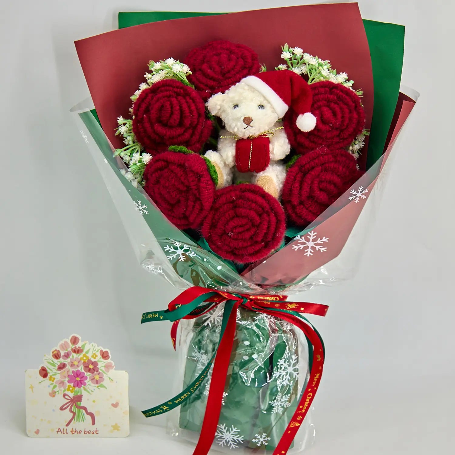 YSHomy Crochet Christmas Red Rose Bear Bouquet
