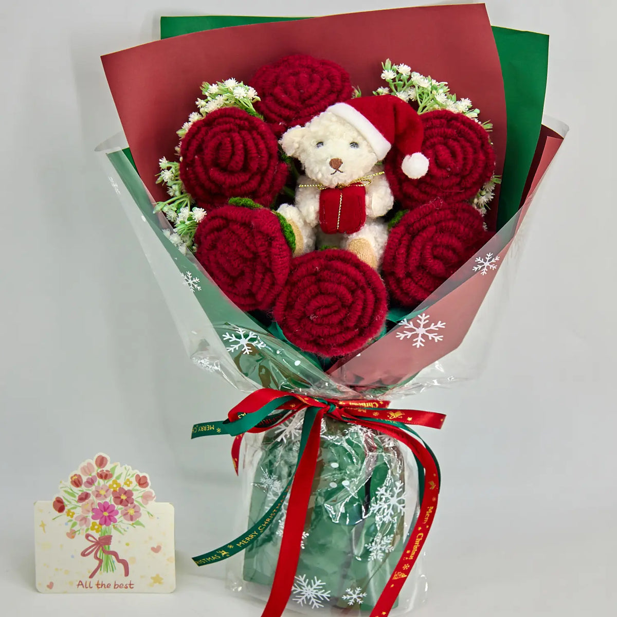 YSHomy Crochet Christmas Red Rose Bear Bouquet