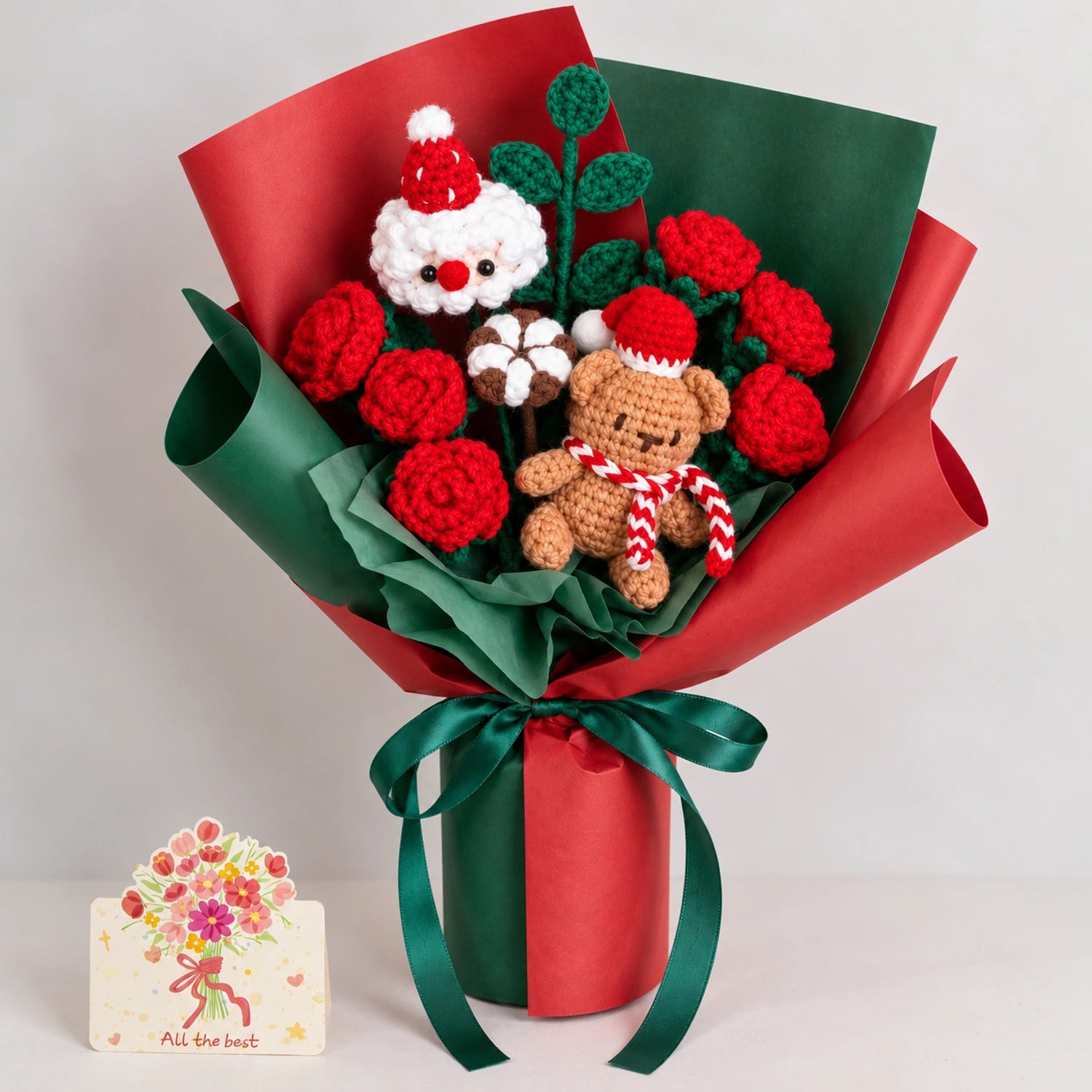 YSHomy Ramo navideño de crochet con Papá Noel y rosa grande