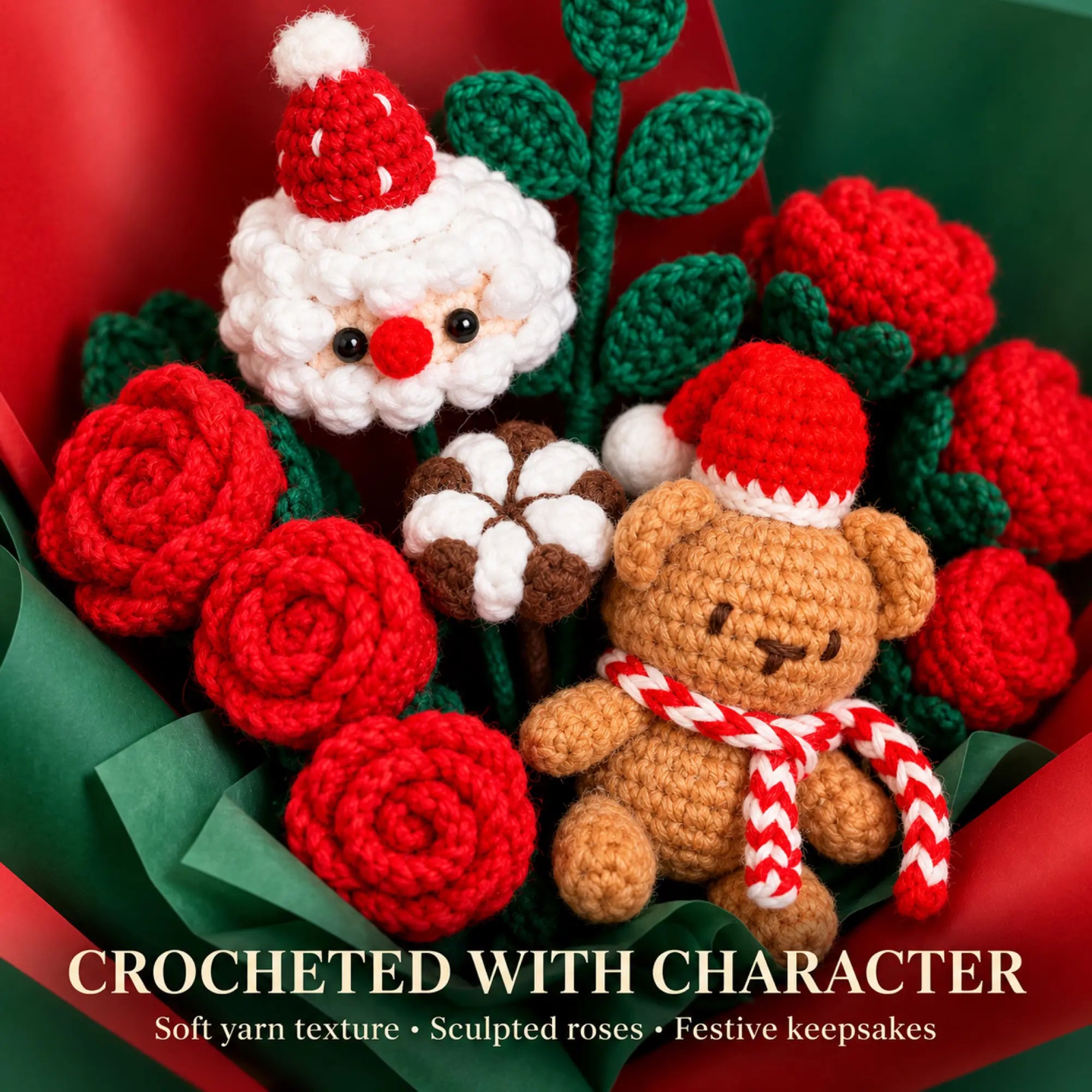 YSHomy Ramo navideño de crochet con Papá Noel y rosa grande