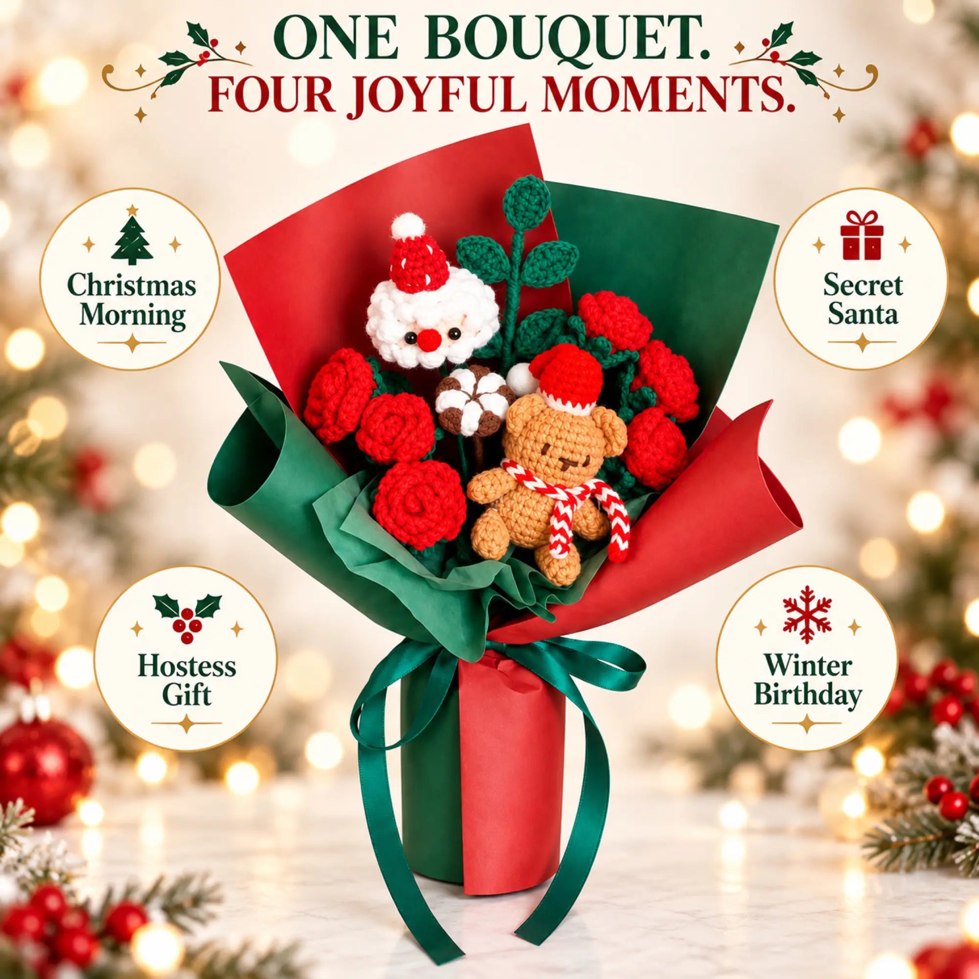YSHomy Ramo navideño de crochet con Papá Noel y rosa grande