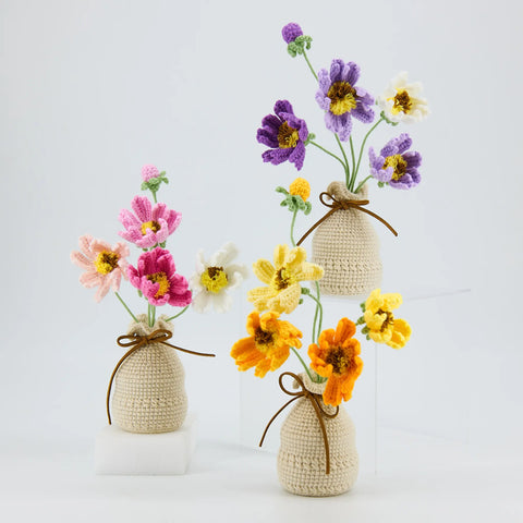 YSHomy Handmade Crochet Flowers in Crochet Vase for Desk Decor