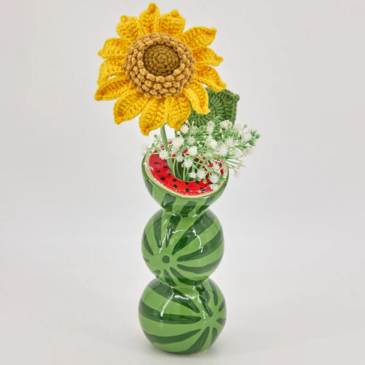 Miniature crochet sunflower set with a watermelon-shaped vase