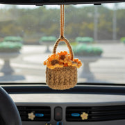 Crochet hanging basket with five removable sunflowers