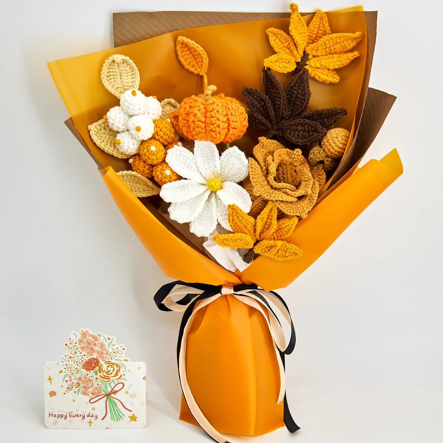 YSHomy Crochet Brown Rose & Maple & Pumpkin Bouquet