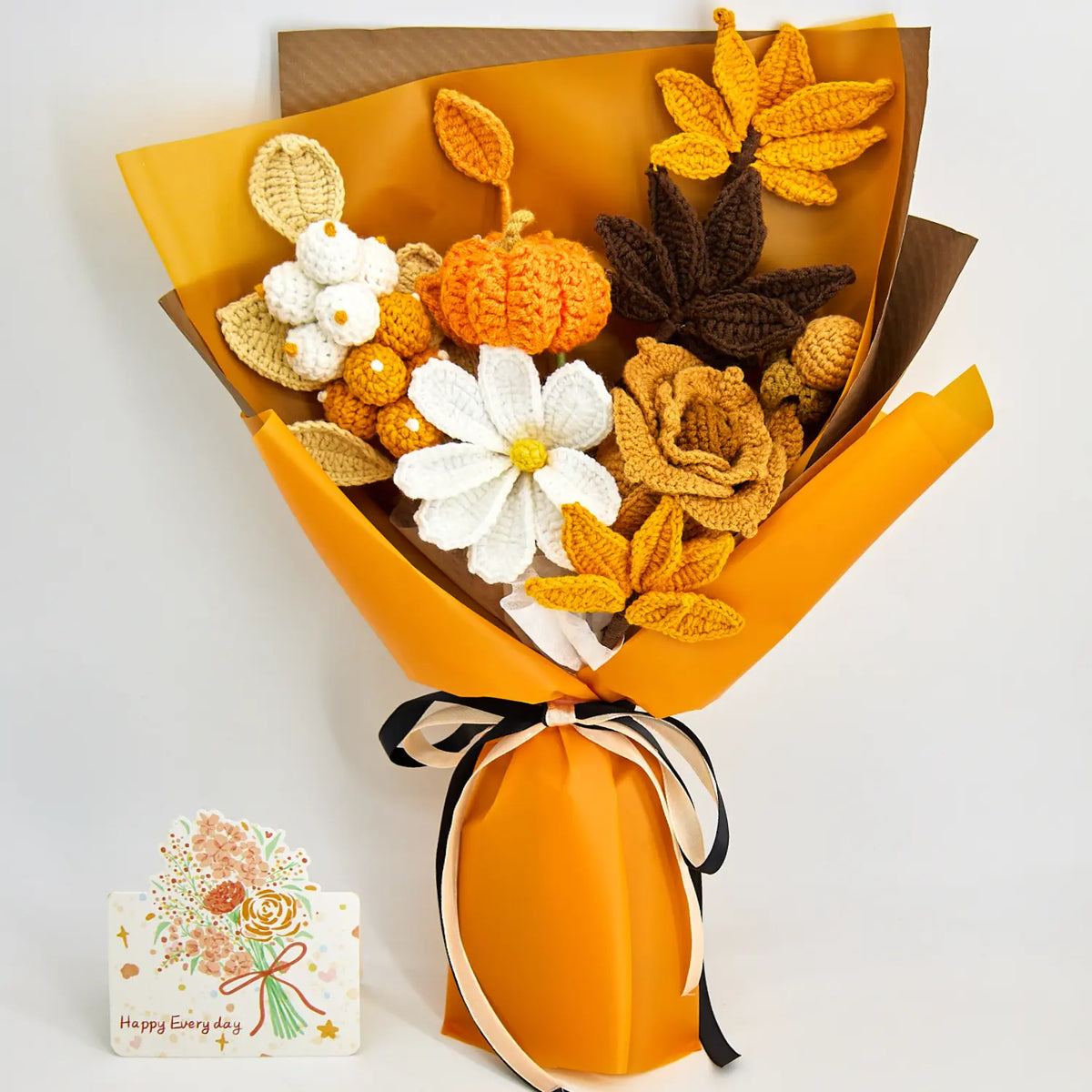 YSHomy Crochet Brown Rose & Maple & Pumpkin Bouquet