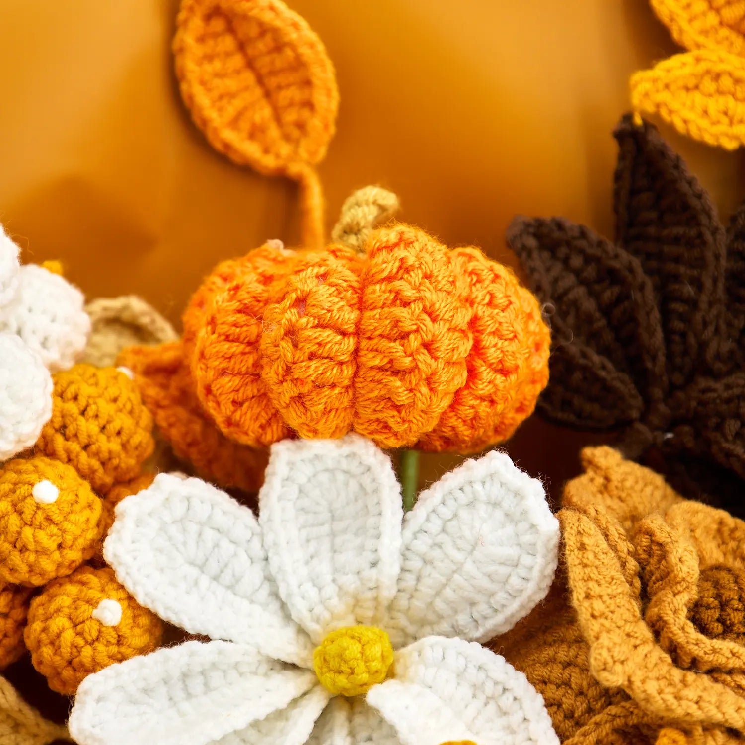 YSHomy Crochet Brown Rose & Maple & Pumpkin Bouquet