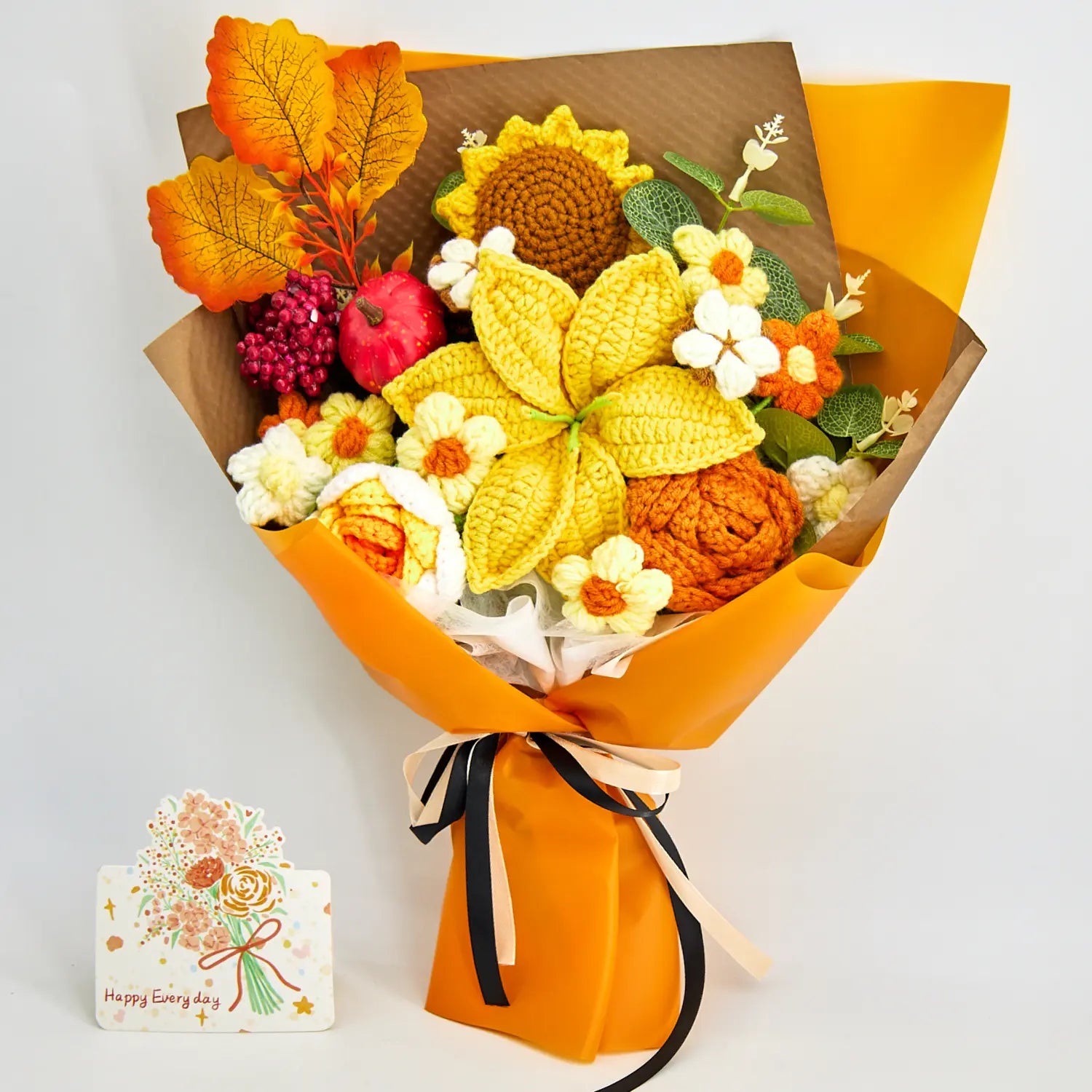 YSHomy Crochet Yellow & Brown Lily Pumpkin Bouquet