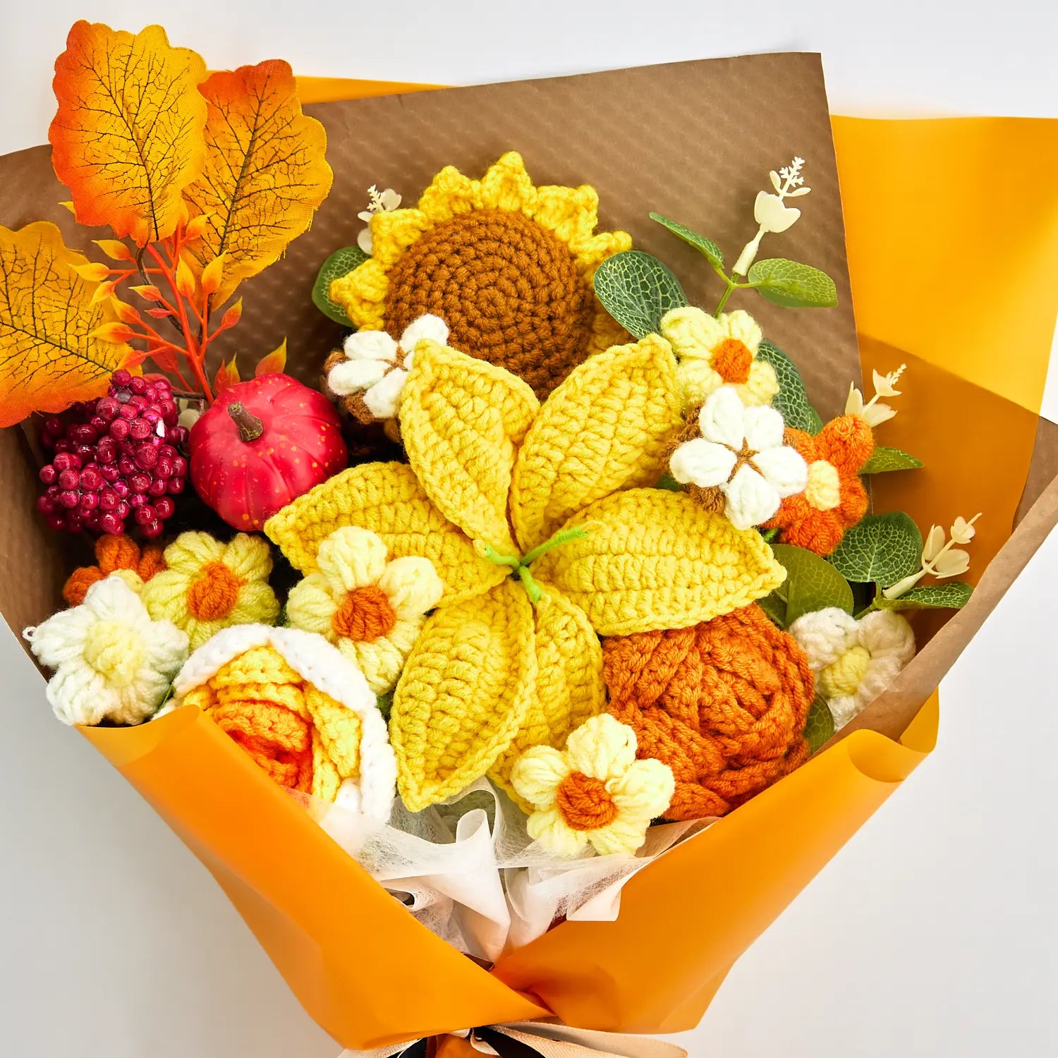 YSHomy Crochet Yellow & Brown Lily Pumpkin Bouquet
