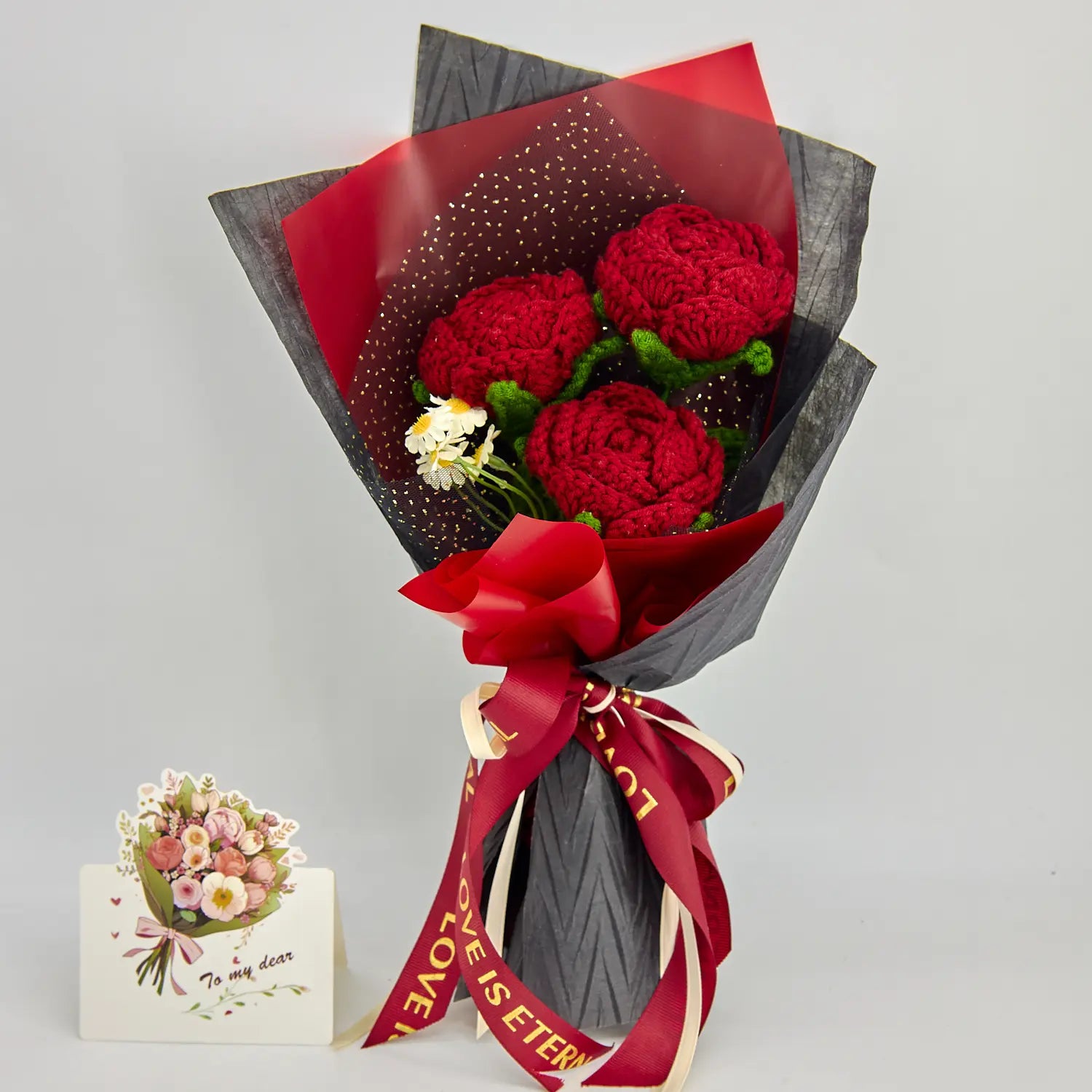 YSHomy Häkel-Dunkelrote Rose Strauß mit schwarzer Verpackung