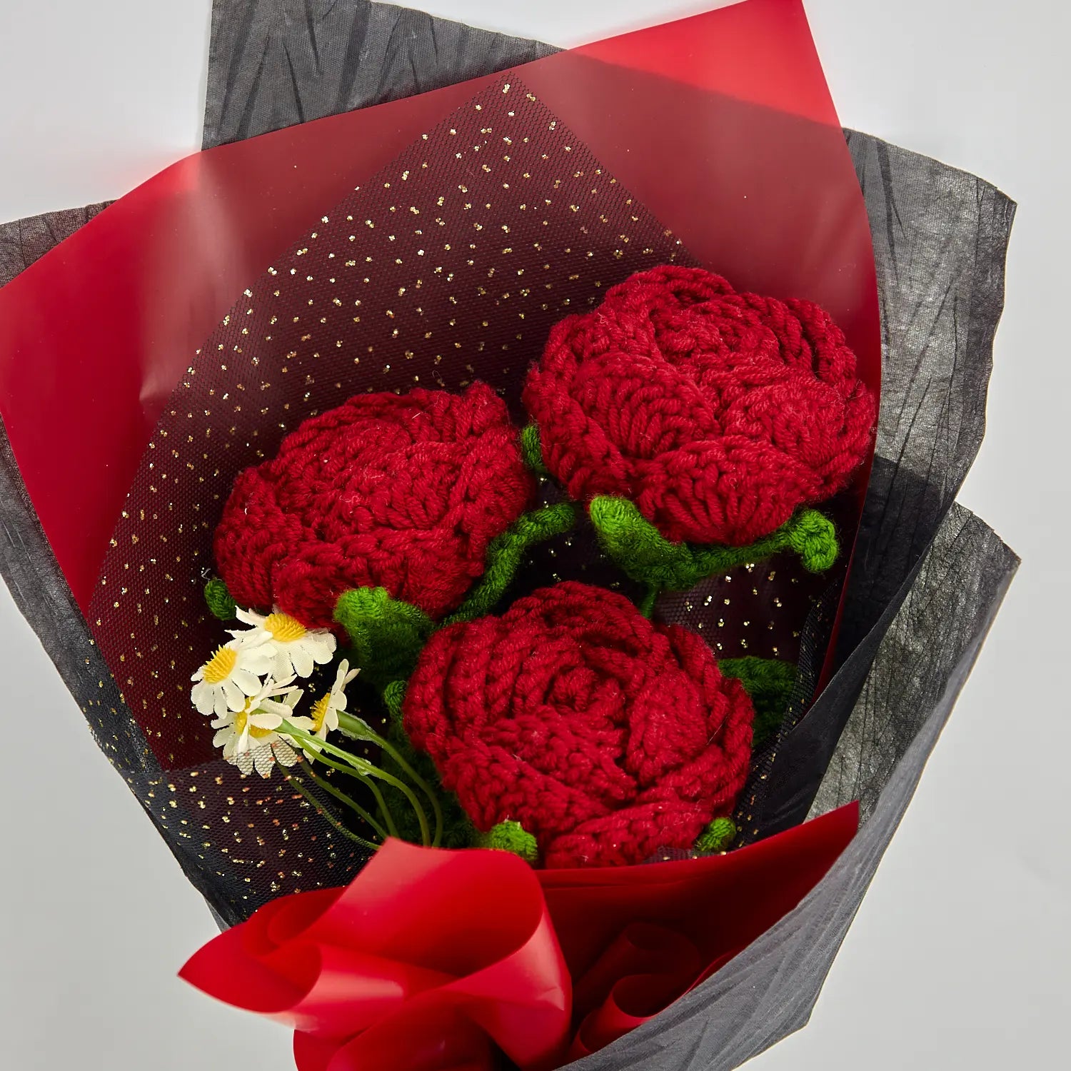 YSHomy Häkel-Dunkelrote Rose Strauß mit schwarzer Verpackung