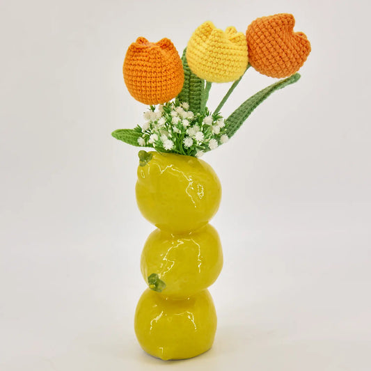Miniature crochet tulip set with a lemon-shaped vase