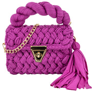 Violet crochet crossbody handbag with twist lock, chain strap and tassel