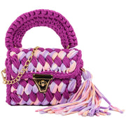 Violet and purple tonal crochet crossbody bag with handle and tassel