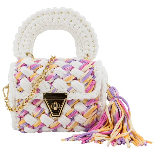 White and pink two-tone crochet crossbody bag with handle and tassel