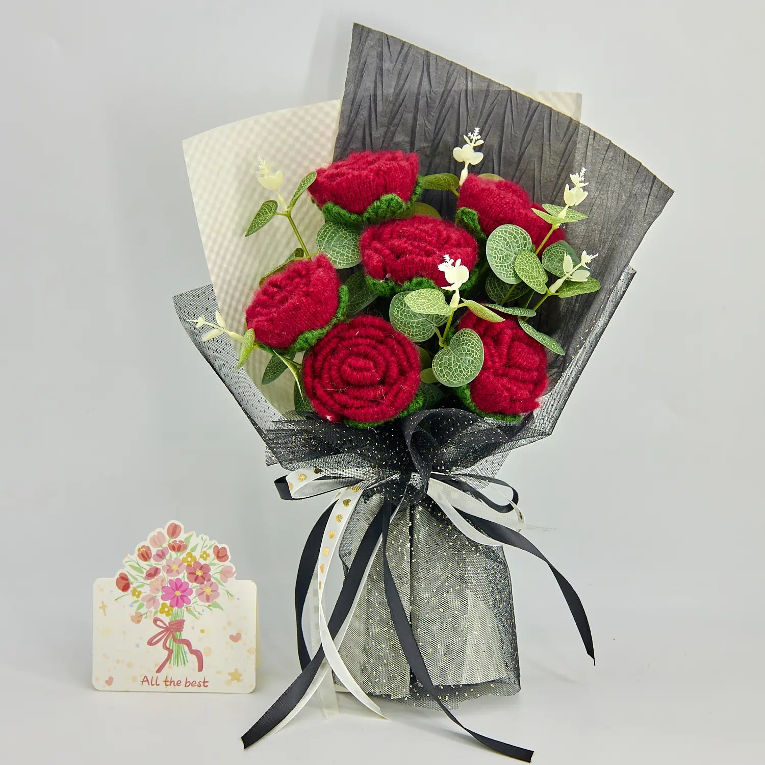 YSHomy Crochet Red Rose Bouquet with Black & White Wrapping