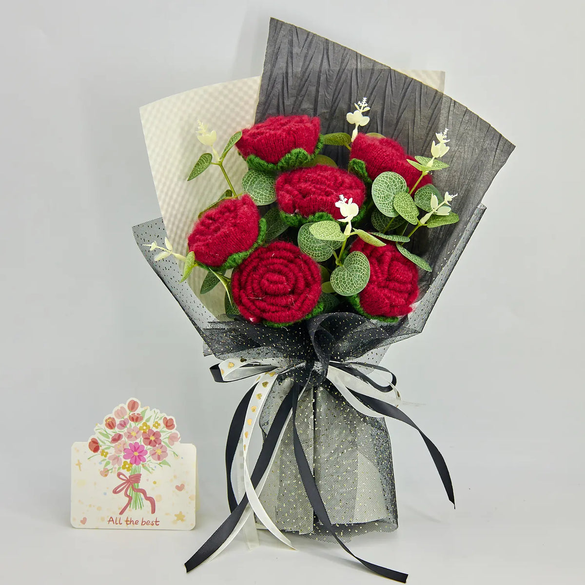 YSHomy Crochet Red Rose Bouquet with Black & White Wrapping
