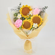 Ramo de girasol, rosa y tulipán de ganchillo YSHomy con envoltura amarilla