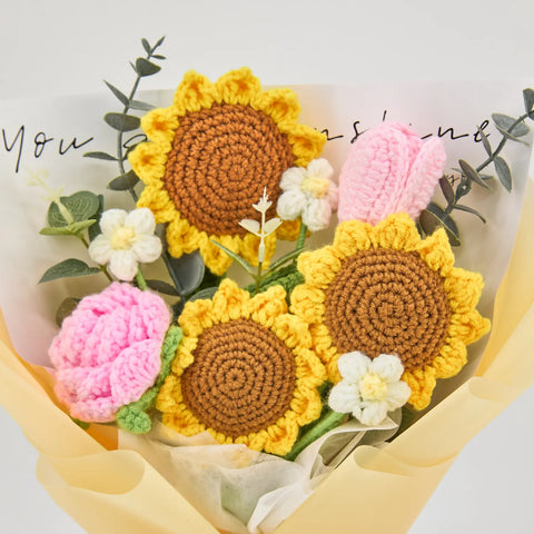 YSHomy Crochet Sunflower Rose Bouquet with Yellow Wrapping