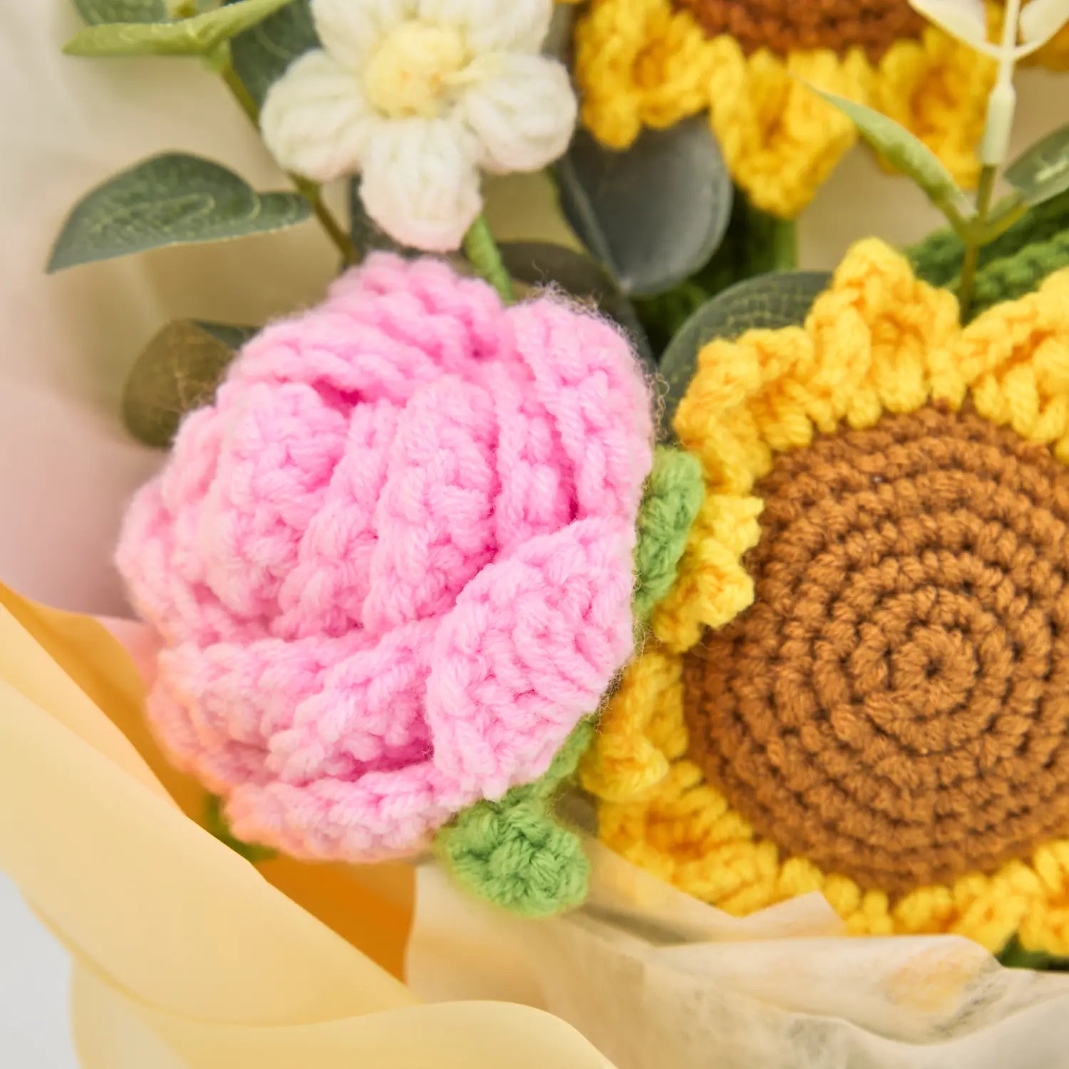YSHomy Crochet Sunflower Rose Bouquet with Yellow Wrapping