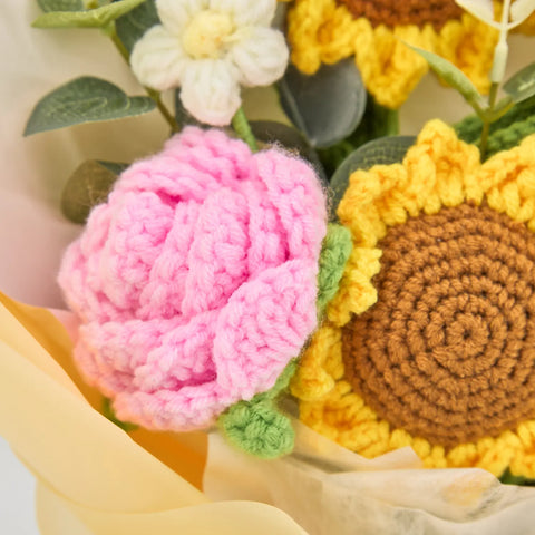 YSHomy Crochet Sunflower Rose Bouquet with Yellow Wrapping
